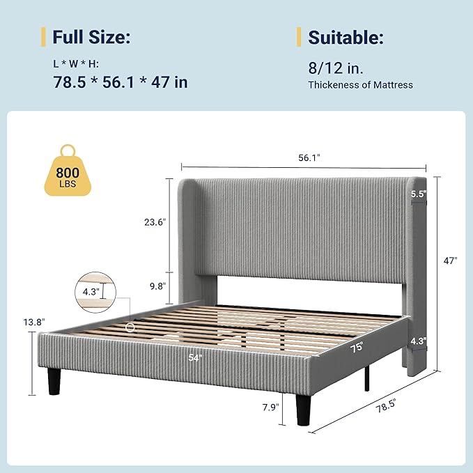 Allewie Full Size Bed Frame with Upholstered Wingback Headboard, Vertical Channel Tufted Corduroy Velvet Platform Bed, Strong Wooden Slats Support, No Box Spring Needed, Easy Assembly, Light Grey