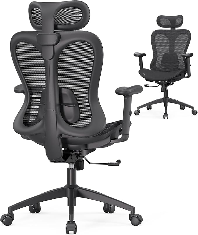 Ergonomic Office Desk Chair, Comfortable Computer Gaming Chair, Breathable Mesh Back & Seat, Adjustable Armrest & Headrest, Lumbar Support, Butterfly Design for Home Office (Black)