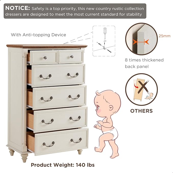 T4TREAM Farmhouse 6 Drawers Dresser Chests for Bedroom w/4 Solid Wood Feet &Column Decor, Tall Wood Rustic Chest of Drawers, Storage Dressers Organizer for Bedroom, Living Room, Nursery, Antique White