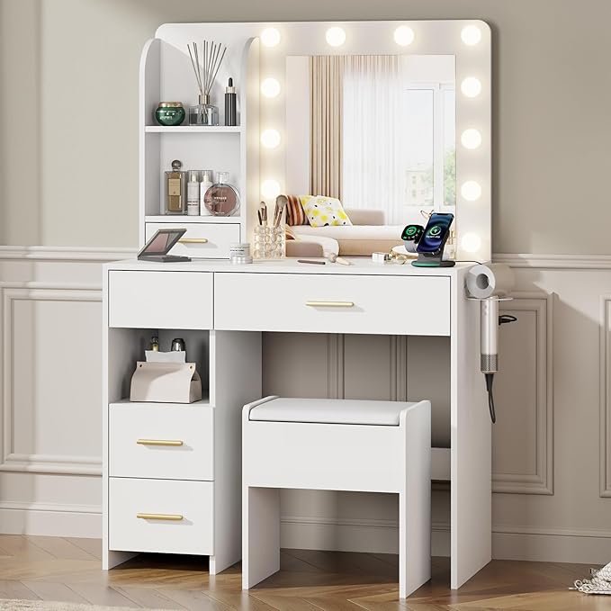 Vanity Desk with Mirror and Lights, 3 Adjustable Lighting Makeup Vanity Desk with 3 Storage Shelves, 5 Large Drawers and Power Outlet, Vanity with Chair for Bedroom, White