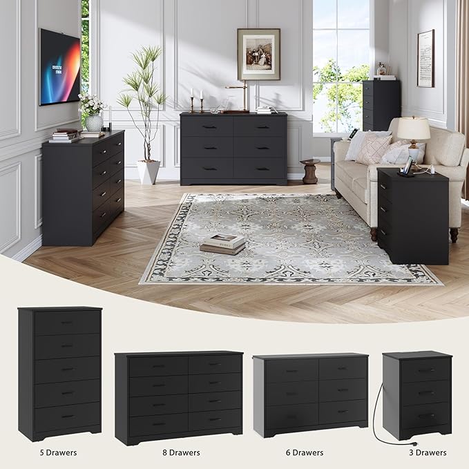 LIDYUK Dresser for Bedroom, Wood Dresser with 3 Drawers, Modern Minimalist Dressers & Chest of Drawers, 21 Inches Tall Side Table Nightstand with Charging Station, for Bedroom, Living Room, Black