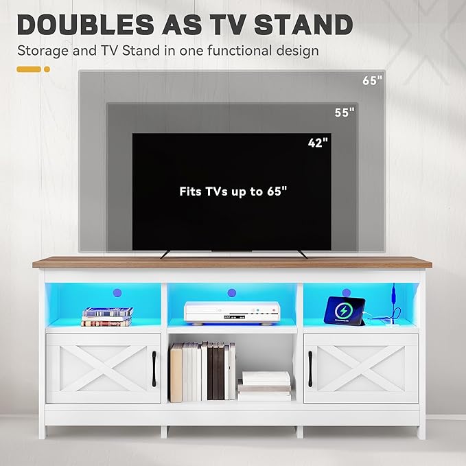 YITAHOME TV Stand for 65 Inch TVs, Entertainment Center with Storage Cabinets, Power Outlet & LED Light, Media Console Living Room Furniture, White & Walnut