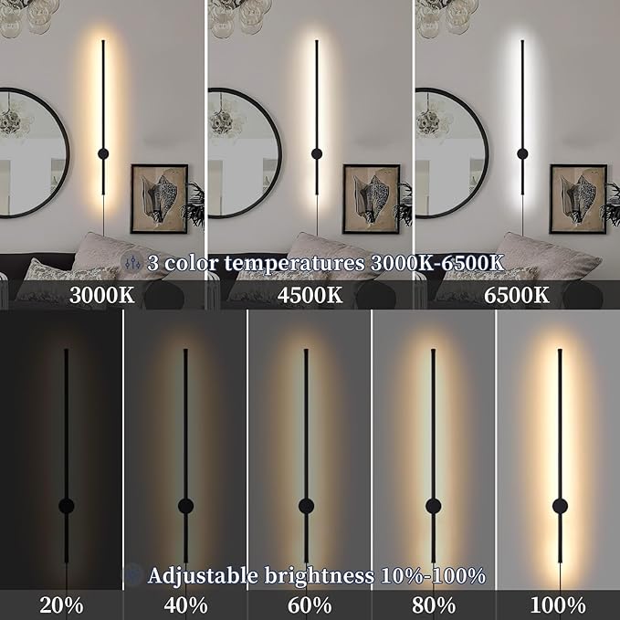 Dimmable Plug in Wall Sconce Set of 2,Black 31.5" LED Wall Light with Remote,Adjustable Color Temperature Brightness,Wall lamp with Timer for Living Room,Bedroom and Accent Lighting