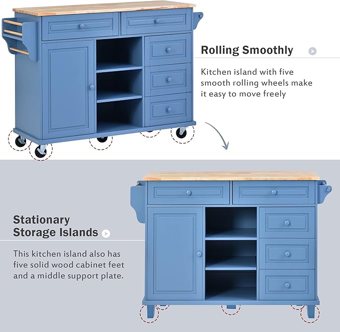 Rolling Kitchen Cart with Rubber Wood Desktop Mobile Kitchen Island with Storage and 5 Drawers for Dining Room Kitchens Living Room 52.8" L*18.1" W*36.2" H Blue