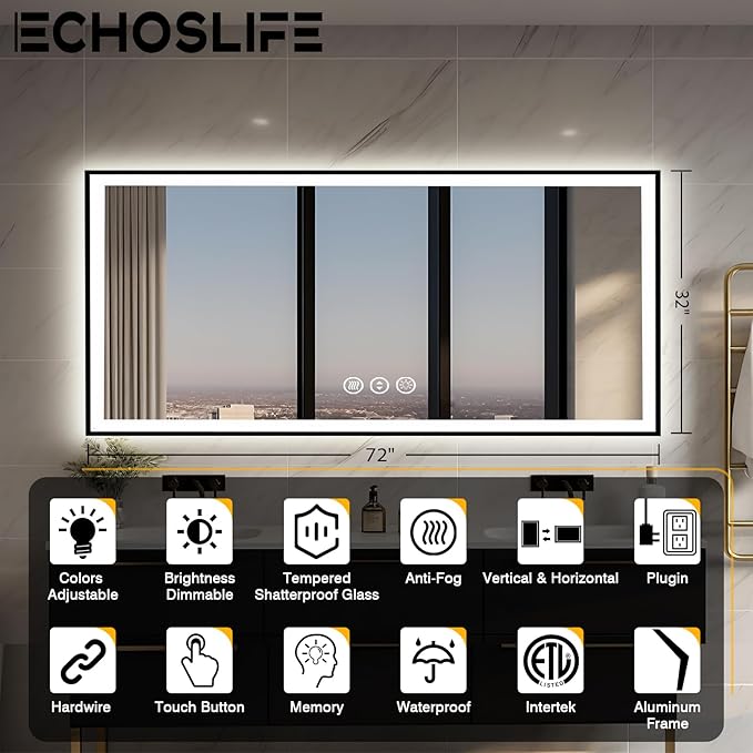 72x32 LED Bathroom Vanity Mirror - Black Aluminum Framed (Front and Backlit), Anti-Fog Large Mirror with Lights,Stepless Dimmable Lighted Mirror,3 Colors Smart Mirror(Horizontal/Vertical)