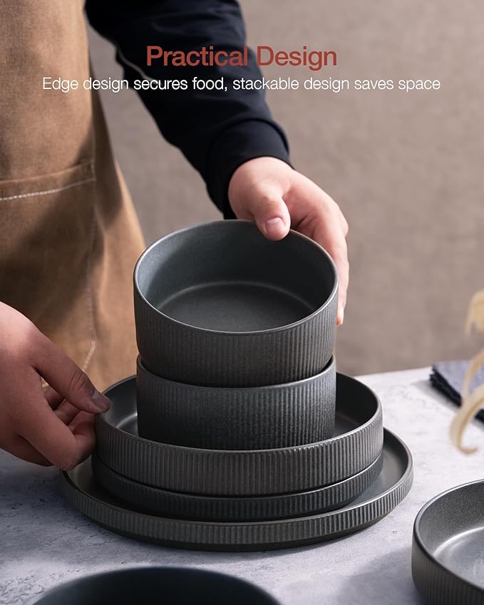 Famiware Star Plates and Bowls Sets, Modern Stoneware Dinnerware Sets for 8, 24-Piece Kitchen Dish Set - Microwave and Dishwasher Safe, Chip and Scratch Resistant, Matte Dark Charcoal