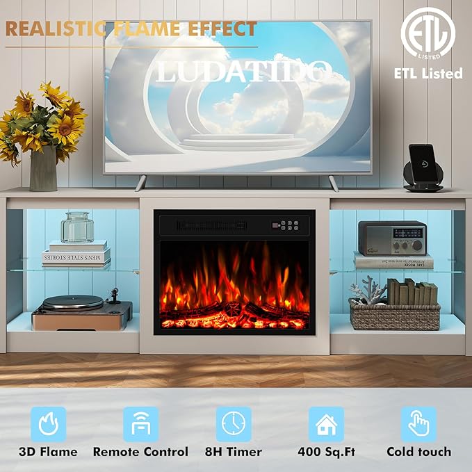 Ludatido 70 Inch Fireplace TV Stand with 23" Fireplace Insert, Entertainment Center with 14-Color LED Lights, Open Storage, Adjustable Glass Shelves, White TV Stand for Living Room Fits up to 80" TVs