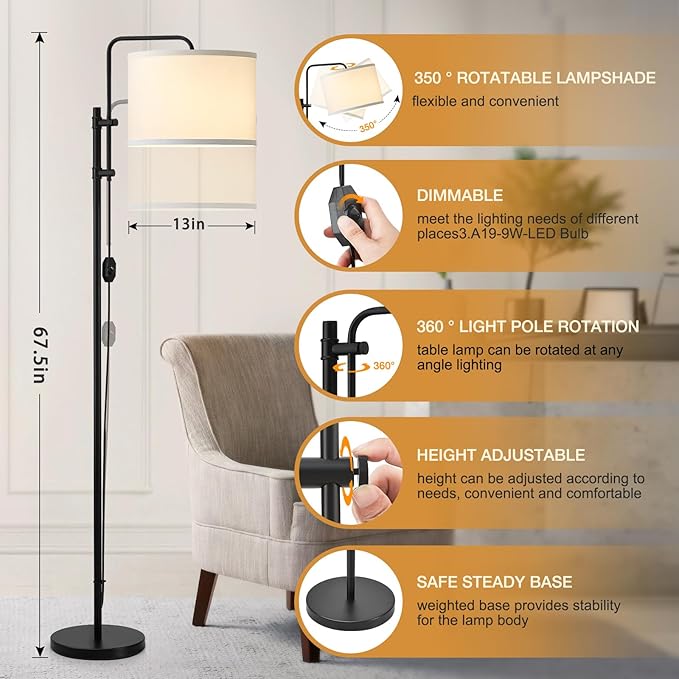 GyroVu Floor Lamp for Living Room, Adjustable Height Standing Lamps with 350° Rotate White Lampshade, 67.5-Inch Modern Tall Lamp Dimmable Floor Lamps for Corner Bedroom Home Office (Bulb Included)
