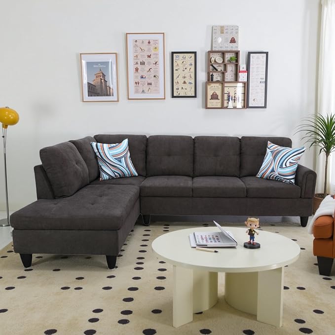 L Shaped Couch Sectional Couches with Chaise and Storage Ottoman, Fluffy Fabric 3 Pieces Modular Convertible Sofa for Living Room Furniture Sets and Small Apartment, Dark Brown