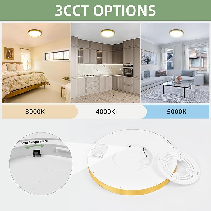 hykolity 12 Inch Selectable CCT LED Round Flat Panel Light, 24W 3000K/4000K/5000K, Edge-Lit Flush Mount Ceiling Light Fixture for Kitchen, Bedroom, Laundry and Closet Room，Gold
