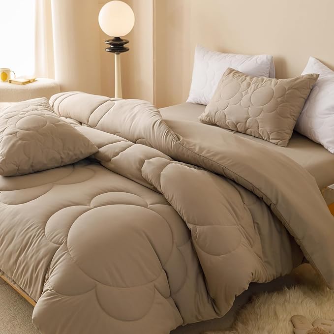 Luxlovery Cream Coffee Comforter Set Twin Light Cream Coffee Quilts Khaki Bedding Comforter Set Solid Plain Color Soft Breathable Tapue Comforter for Teens Kids
