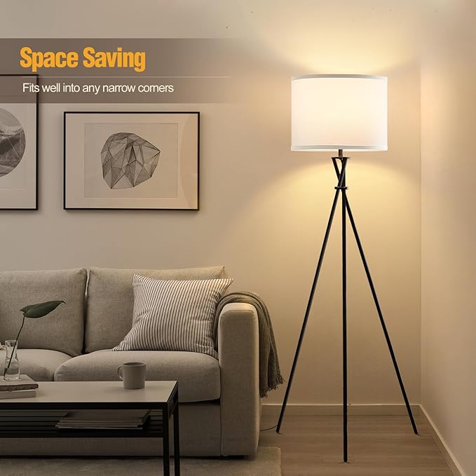Floor Lamp for Living Room, 61'' Modern Tripod Floor Lamps with White Shade & Rotary Switch, Black Floor lamp for Bedroom, Office, Simple Design Lamp