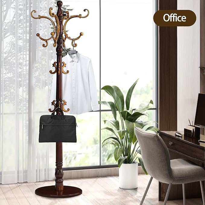 Coat Rack Freestanding, Wooden Coat Tree with Stable Round Base, Vintage Heavy Duty Coat Rack Stand with 14 Hooks, Coat Hanger Stand for Bedroom, Office, Entryway (Vintage)