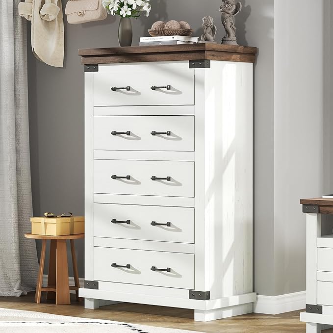 AMERLIFE Farmhouse 5 Drawers Dresser Chests for Bedroom, 48" Tall Wood Rustic Chest of Drawers/w Thick Plank Styling, Heavy Duty Closet Storage Dresser Organizer, Living Room, Hallway, Antique White