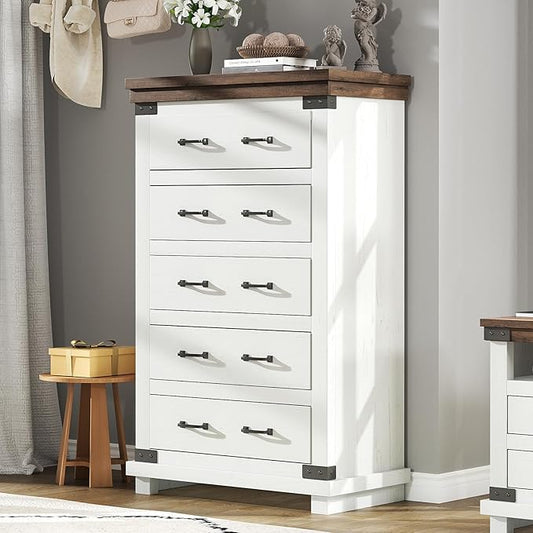 AMERLIFE Farmhouse 5 Drawers Dresser Chests for Bedroom, 48" Tall Wood Rustic Chest of Drawers/w Thick Plank Styling, Heavy Duty Closet Storage Dresser Organizer, Living Room, Hallway, Antique White