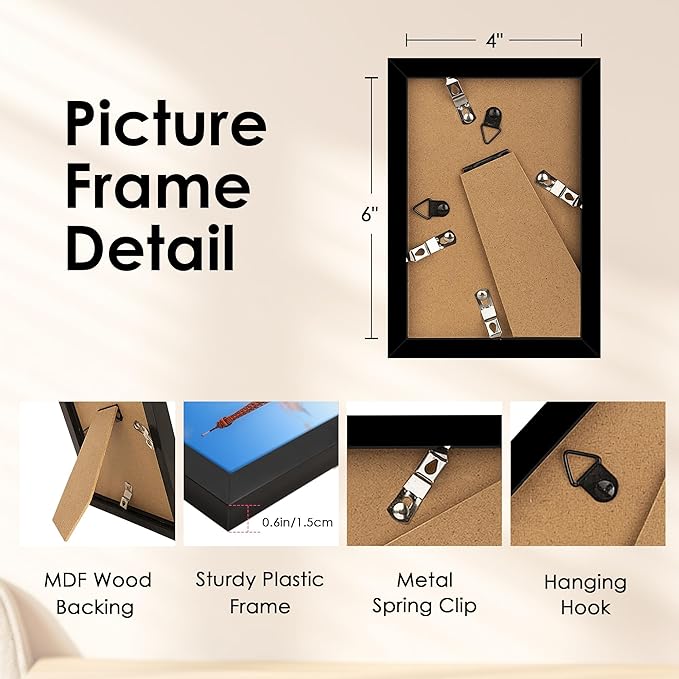 FIXSMITH 4x6 Picture Frame, Black Photo Frames with HD Plexiglass for Wall Hanging or Tabletop Display, 2 Pack