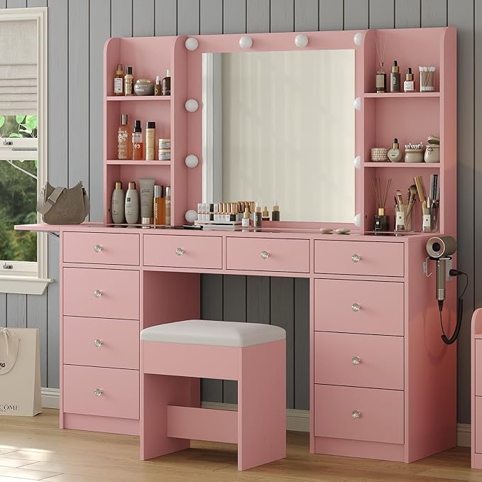 Vanity with Mirror and LED Lights,Vanity Desk with Power Outlet, Makeup Vanity with Drawers and 2 Cabinets, Fold-up Panel, Glass Top Vanity Table with Chair for Bedroom (10 Drawers, Pink)