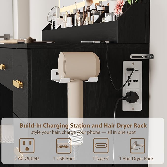 Garvee Vanity Desk with Large Mirror and Lights, 45.9In Makeup Vanity Desk, 3 Lighting Modes Adjustable Brightness, Vanity Table with Power Outlet &8 Drawers, for Powder Room and Bedroom