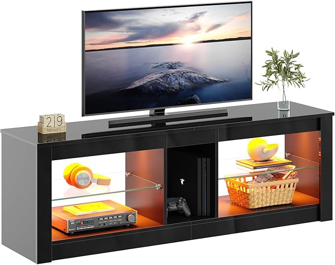 Bestier Modern TV Stand for 65 inch TV with LED Lights, High Gloss Entertainment Console Table with Storage Shelves for Living Room in Glossy Black