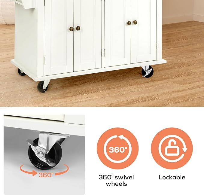 VOWNER Rolling Kitchen Island, Portable Kitchen Island with Storage, Floating Kitchen Cart with Spice Rack & Towel Rack, Drawer and Storage Cabinet, Isla para Cocina (White)
