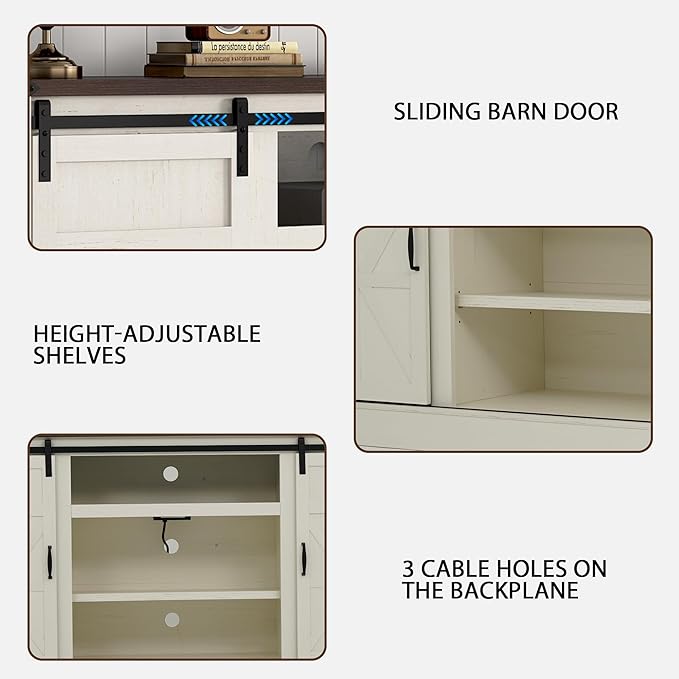 66" Farmhouse TV Stand for 75 Inch TV, 33" Tall Entertainment Center with Power Outlets & Sliding Barn Door, Wood TV Stand with Storage, TV Media Console for Living Room, Antique White