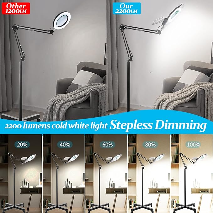 KIRKAS 10X Magnifying Floor Lamp with 4 Wheel Rolling Base for Estheticians 2,200 Lumens LED Magnifier Lighted Glass Len, Adjustable Stand & Swivel Arm Floor Mag Lamp for Reading, Beauty, Lash,Tattoo