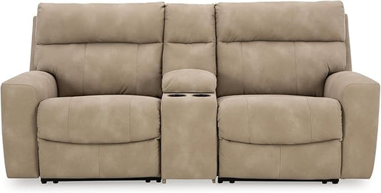 Signature Design by Ashley Next-Gen DuraPella Contemporary Faux Leather Modular Wall Hugger 3-Piece Power Reclining Sectional Loveseat with Console, Adjustable Headrest and USB Ports, Light Brown