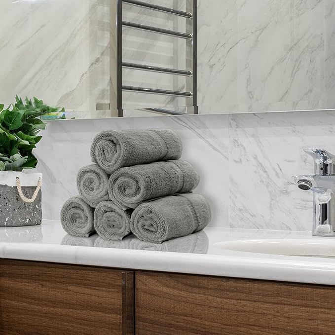 Luxury Hotel & Spa Collection, Quick Dry 100% Turkish Cotton 700 GSM, Eco Friendly Towel, for Bathroom, Gymand Kitchen Dobby Border Soft Hand Towel Set 16 X 30, Gray, Hand Towels - Set of 6