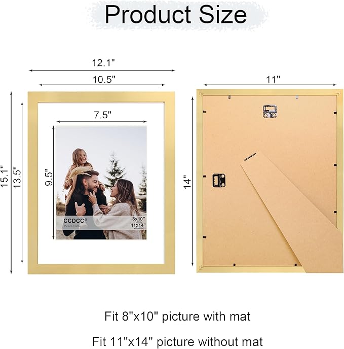 11x14 Picture Frame Set of 4, 11 x 14 Wood Photo Frames with Mat for 8x10, Wooden Frame with Real Glass Cover for Wall and Tabletop Display,Gold