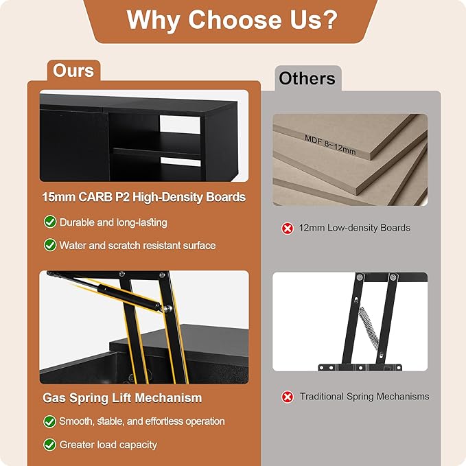 ALINE FURNITURE Black Coffee Table Lift Top - Wood Coffee Table with Hidden Compartment Storage - 40" Lift Up Coffee Tables for Living Room