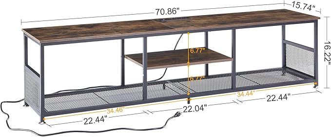 VECELO TV Stand with Power Outlets for Televisions up to 80 Inch,70" Media Entertainment Center with Charging Station 3-Tier Open Storage Shelves with Metal Frame for Living Room/Bedroom，Brown