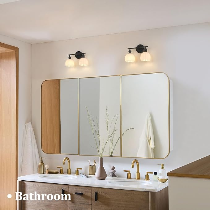 Bathroom Light Fixtures, 2-Light Black Vanity Wall Light Over Mirror with White Tulip Glass Shade for Bedroom Living Room