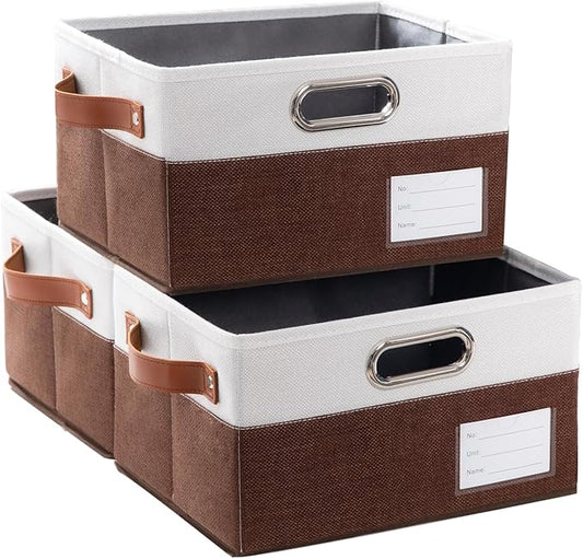 PRANDOM Foldable Storage Bins with Handles [3-Pack] Fabric Collapsible Storage Boxes Baskets Cubes Containers with Handles for Closet Living Room Bedroom (Brown & White 11.5x8.5x6.7'')