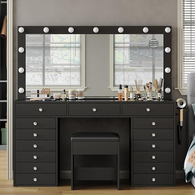 55" W Vanity Desk, Makeup Vanity with Charging Station, 15 Drawers with Lighted Mirror, 3 Lighting Modes, Brightness Adjustable, Glass Top, Vanity Table with Chair for Bedroom, Black
