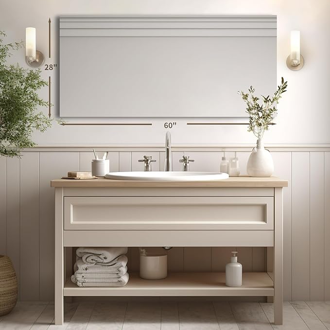 Mirrorons Large Vanity Mirror 60" x 28", Bathroom Vanity Mirror with Frameless Polished Edge, Hangs Horizontally or Vertically. Upgraded Shatterproof Bathroom Mirrors for Wall.