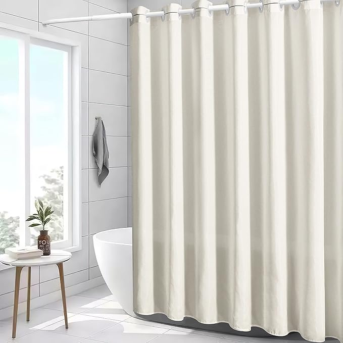Furlinic Beige No Hook Small Stall Shower Curtain 48x78 Inch,Half Narrow Size Polyester Fabric Bathroom Curtains with 6 Plastic Split Grommets,Hotel Quality Waterproof Washable Bath Curtain