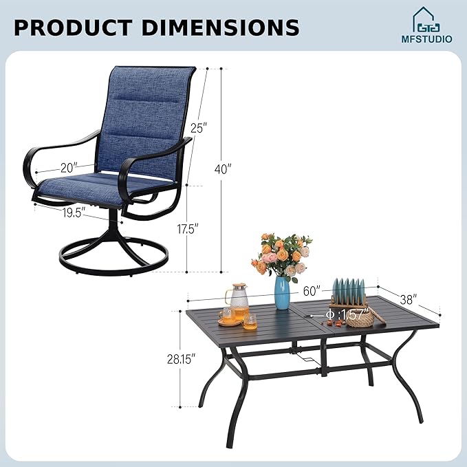 MFSTUDIO Patio Dining Set for 6, Patio Table and Chairs Set for Deck Backyard Garden, 7 Piece Outdoor Dining Set with Umbrella Hole