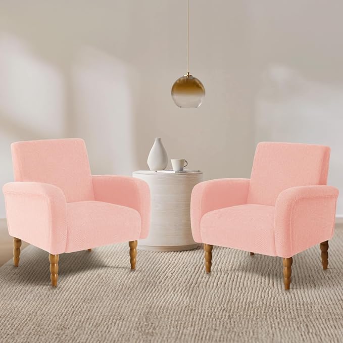 Accent Armchair Set of 2, Mid-Century Modern Living Room Chairs with Gourd-Like Shape Wooden Legs, Chenille Upholstered Single Sofa Reading Chair for Living Room Bedroom Guest Room,Pink