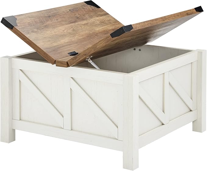 WAMPAT Farmhouse 65 in TV Stand and Coffee Table Set, Entertainment Center for TVs Up to 65", 30" Square Wood Center Table with Gas Spring Flip-Top for Living Room,Antique White