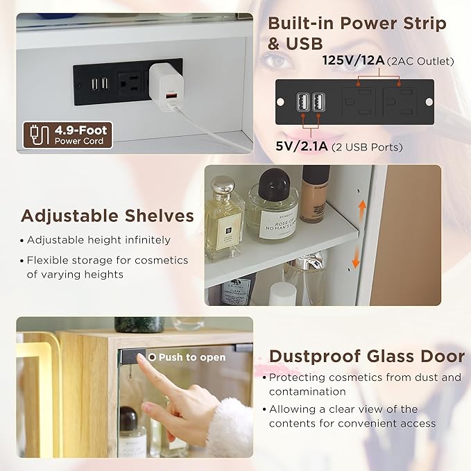 T4TREAM 48" Fluted Makeup Vanity Desk with Large 36" Mirror and Lights, Modern Glass Top Big Vanity Table with 5 Drawers & Adjustable Shelves, Dressing Table Set w/Charging Station for Bedroom, White