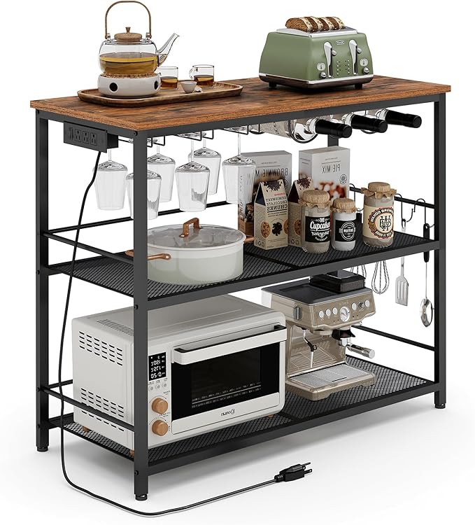 Kitchen Island with 3 Shelves, Kitchen Island with Power Outlet, Kitchens Storage Rack with 4 S Hooks, Microwave Stand Coffee Bar Station for Dining Room, Rustic Brown and Black KIHR91E01