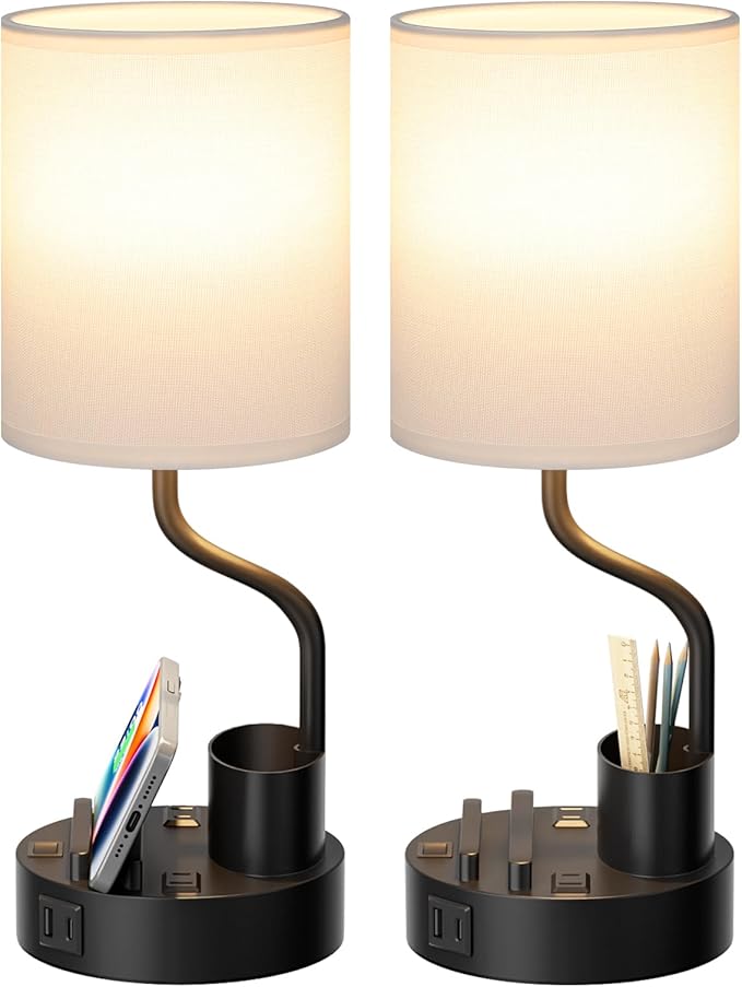 White Bedside Table Lamps for Bedroom Set of 2 - Nightstand Light with AC Outlet and USB A & C for Charging, 3 Color Temperatures Desk Lamp with Pen Holder & Phone Stand for Living Room/Dorm/Office