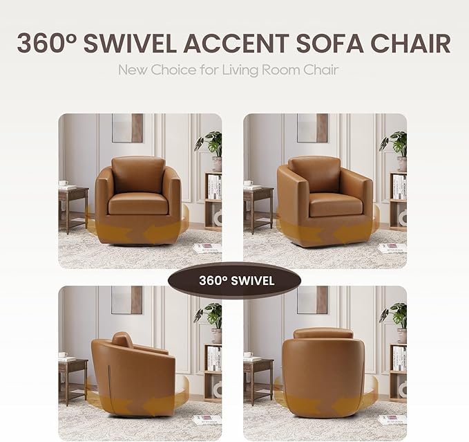 COLAMY 360° Swivel Accent Chair with Pillow, Leather Living Room Armchair No-Sag Foam & Sturdy Metal Base, Fully Assembled Swivel Accent Single Sofa for Bedroom Living Room, Reading Room, Brown