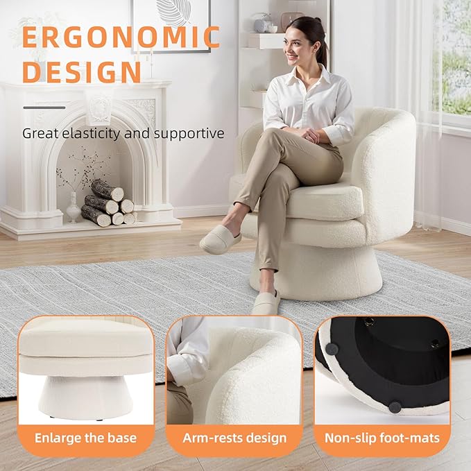 Phoenix Home Swivel Barrel Accent Chair, Mid Century 360 Degree Swivel Barrel Chair, Overstuffed Round Reading Lounge Chair Berber Fleece, Ideal for Living Room, Bedroom, Living Room, Office, Beige