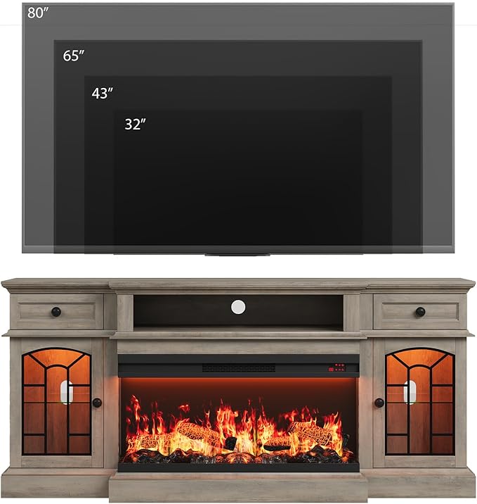 QUW 70" Farmhouse Fireplace TV Stand for TVs up to 80", Entertainment Center with 36" 3-Side Glass Electric Fireplace with Open Shelf and Cabinet, TV Console for Living Room, Grey