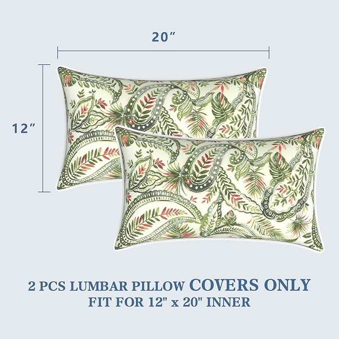 LVTXIII Outdoor Lumbar Pillow Covers 12"x20", Covers ONLY, 2 Pack 30x50cm Lumbar Cushion Cover with White Piping for Home Patio Garden Sofa Bench, Faylinn Shadow Paisley