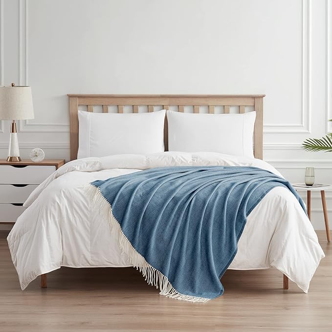 BOURINA Decorative Herringbone Faux Cashmere Fringe Throw Blanket Lightweight Soft Cozy for Bed or Sofa Farmhouse Outdoor Throw Blankets, 50" x 60", Navy