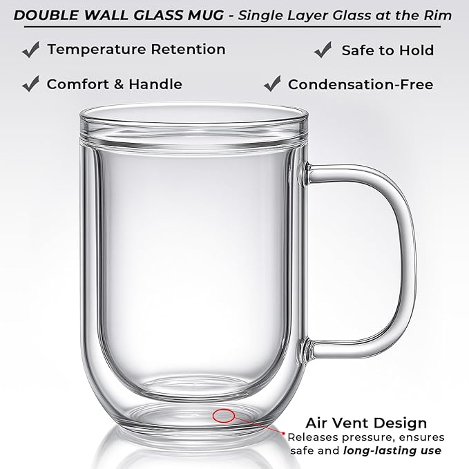Aquach 16 Oz Double Walled Glass Coffee Mugs, Clear Glass Coffee Tea Cups, Microwave and Dishwasher Safe Home Office Insulated Glass Cups Perfect for Americano Latte Hot&Cold Beverages, 2-Pack
