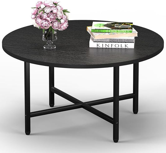 Coffee Table, 23.6" Coffee Tables for Living Room, Round Coffee Table with Metal Frame, Floor Table for Sitting on The Floor, Home, Office, Black