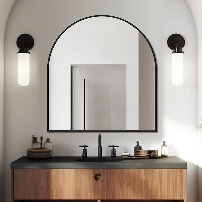 FICTOR Bathroom Vanity Mirror for Wall,32”x30” Arched Metal Framed Bathroom Mirror for Over Sink,Entryway,Living Room,Bedroom(Black)